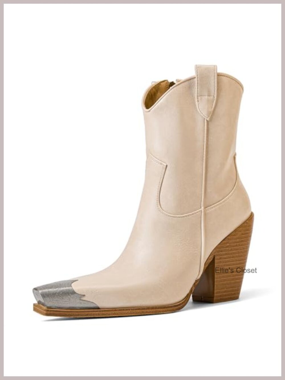 Faux Leather Cowboy Ankle Boots Engraved Steel Toe Stacked Block Heel Western